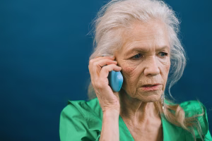 An older adult talking on the phone with a family member